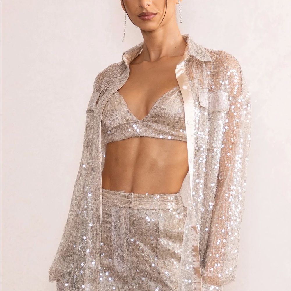 Champagne color sequins 3pc coordinating set: bralette, pants & button-up shirt